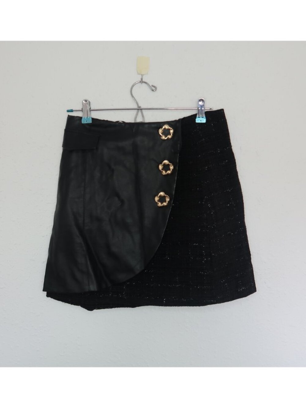 Commense Faux Leather & Tweed Hybrid Mini Skirt with Gold Accent Buttons